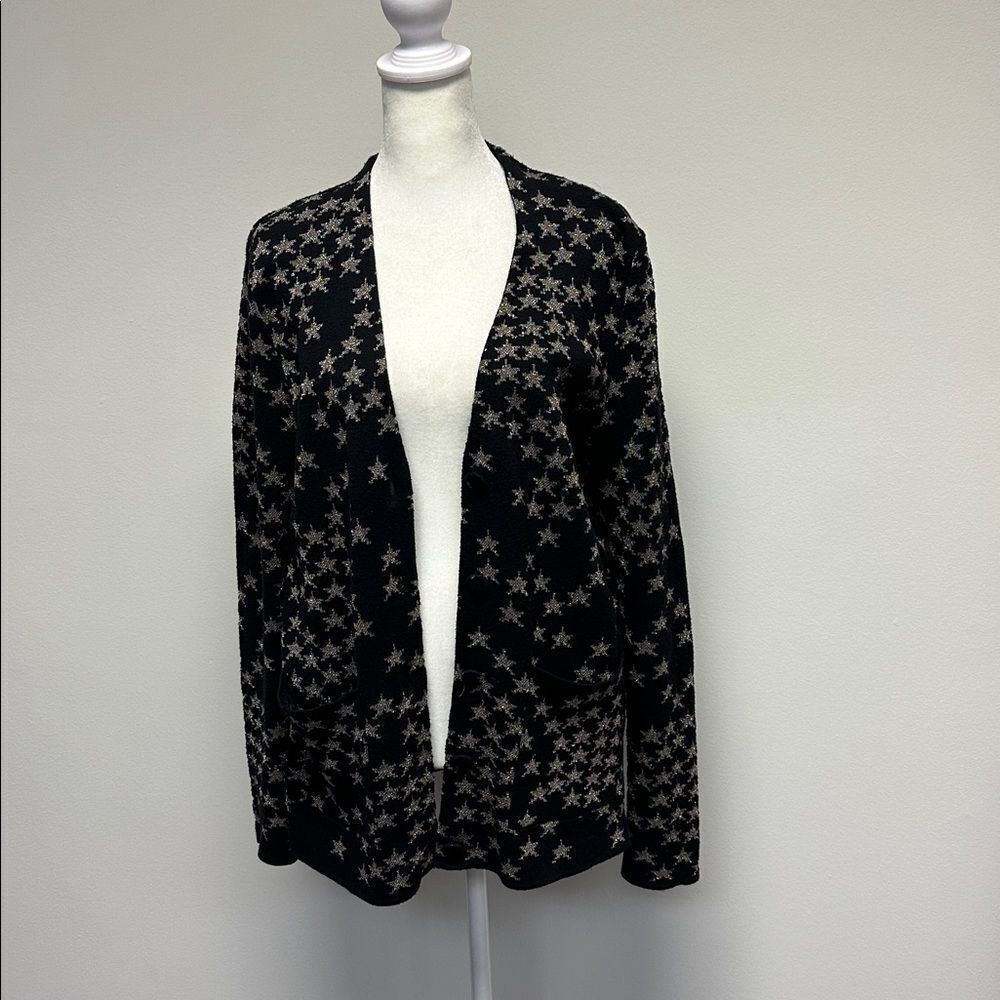YSL Saint Laurent Oversized V-Neck Cardigan BLACK AND SILVER STAR JACQUARD $1490 - Picture 2 of 10